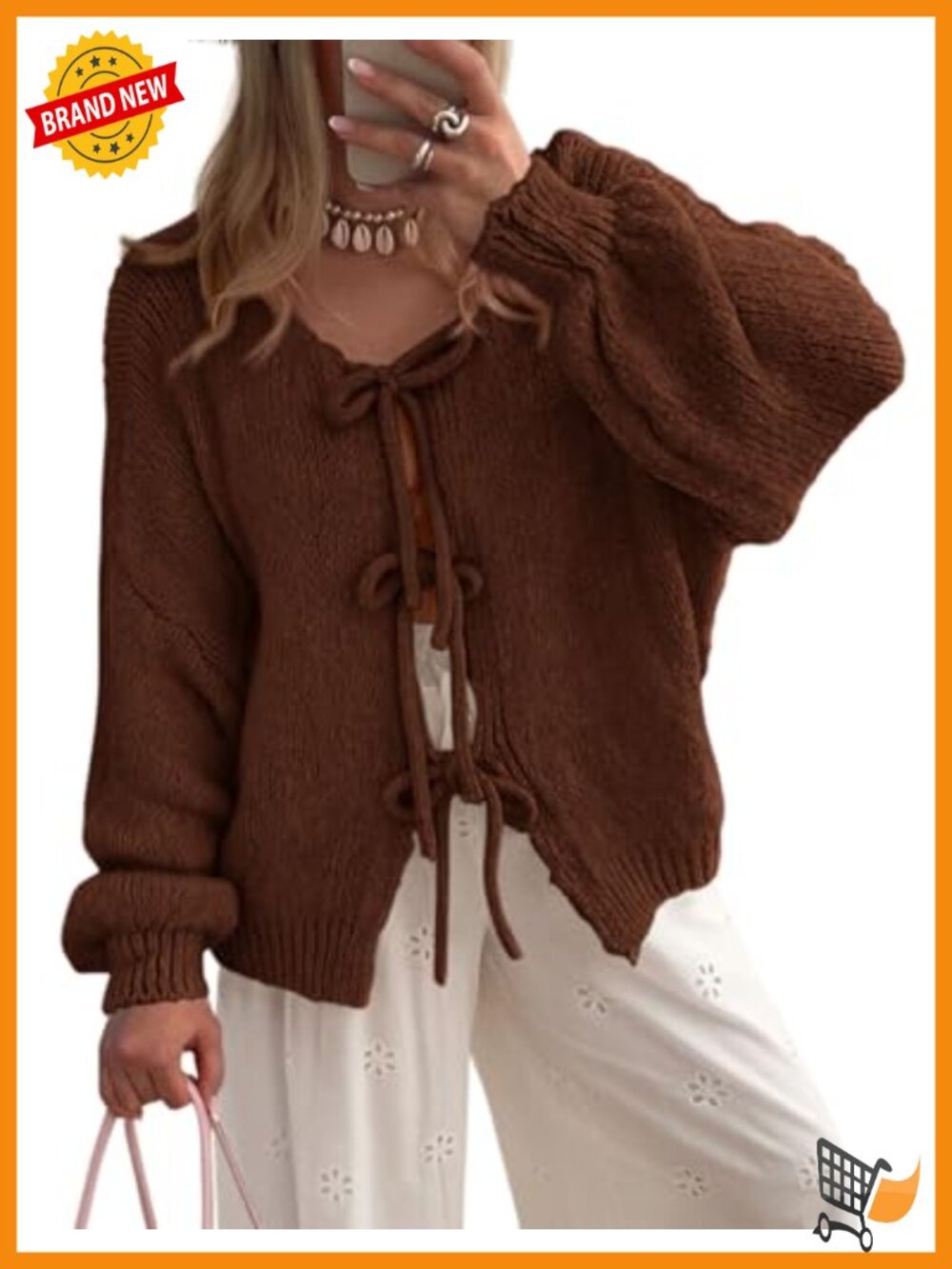Tie Front Bow Cardigan Cable Knit Puff Sleeve Sweater